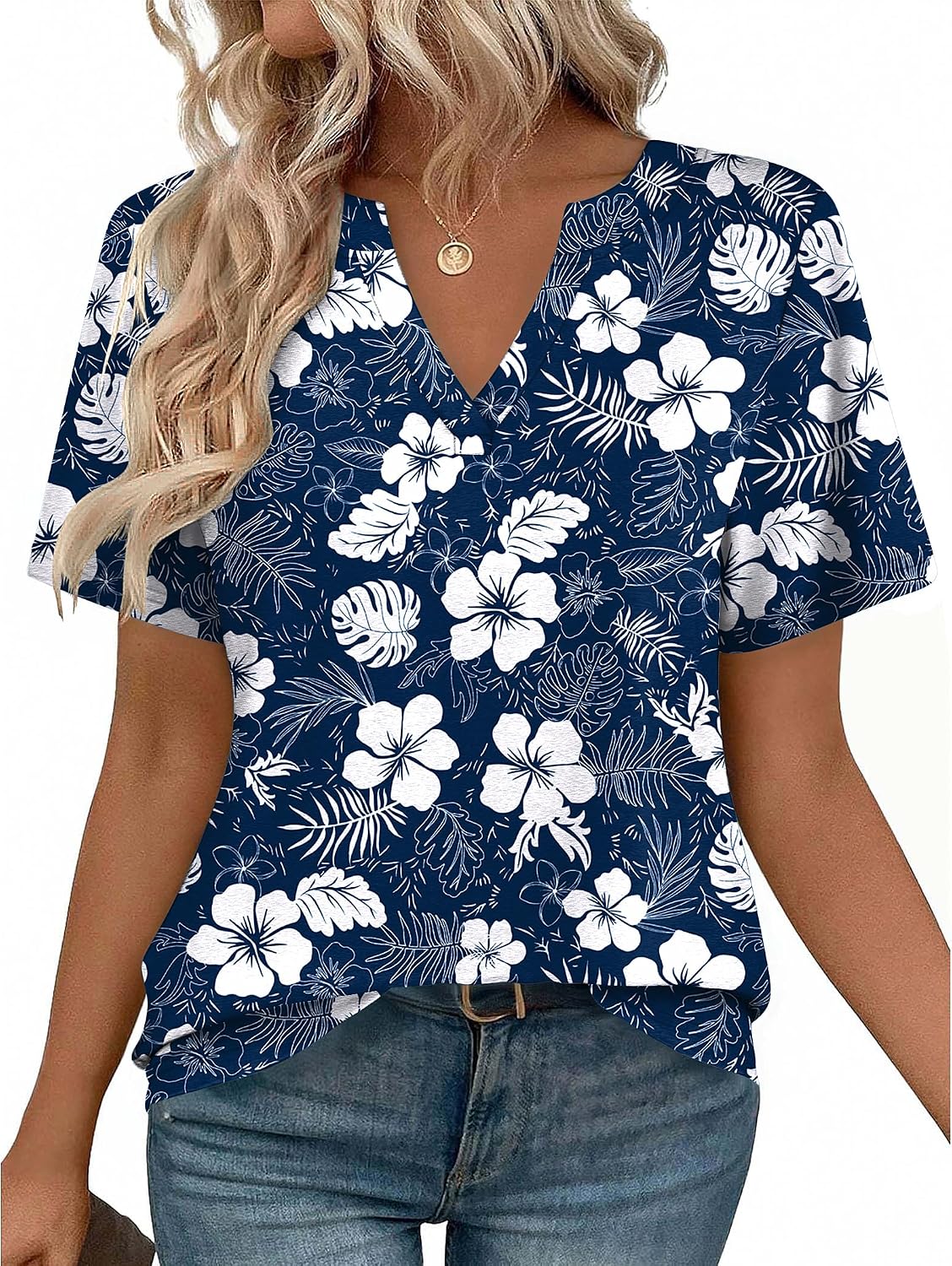 Women V Neck Cute Rolled Short Sleeve Shirts Boho