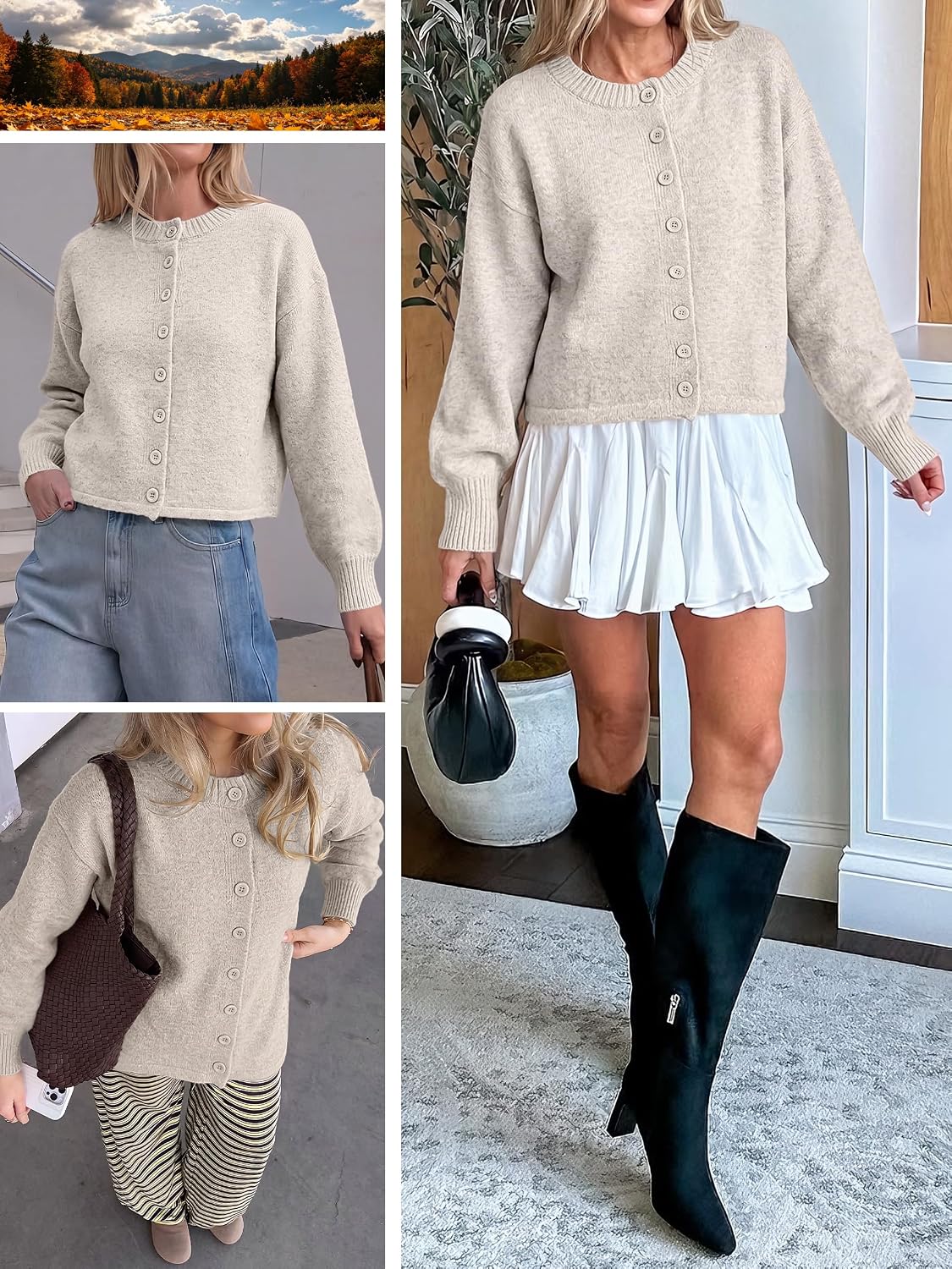 Women Loose Fit Button Down Puff Sleeve | Waist Length.Mid-Weight.Soft Cozy Knit Sweater.Long Sleeve Button Up Fall Outfits.Casual Relaxed Fit.