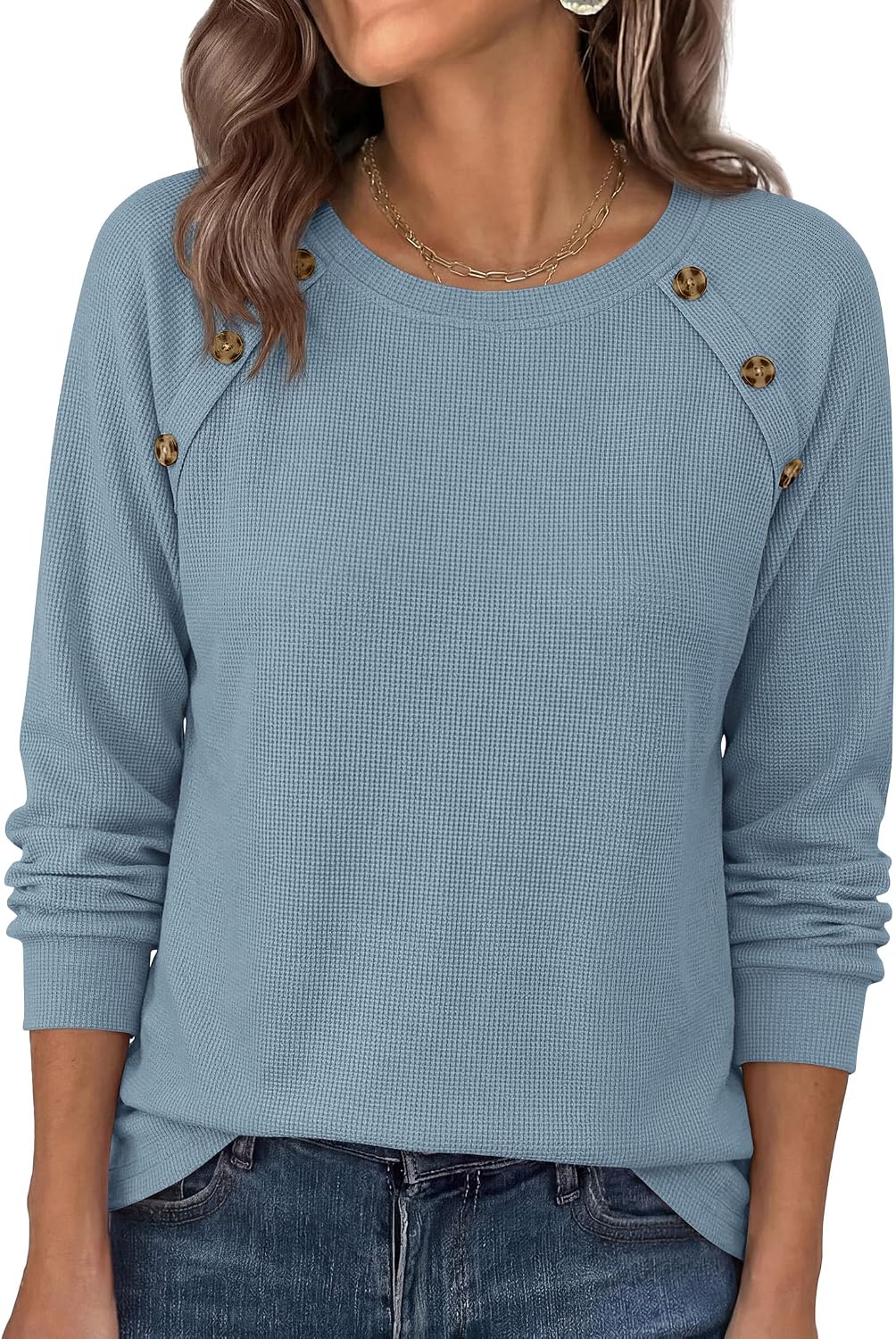 Soft Stretchy Tops. Casual Crew Neck. Raglan Sleeves with Deco Buttons. Loose Fit Tunics.