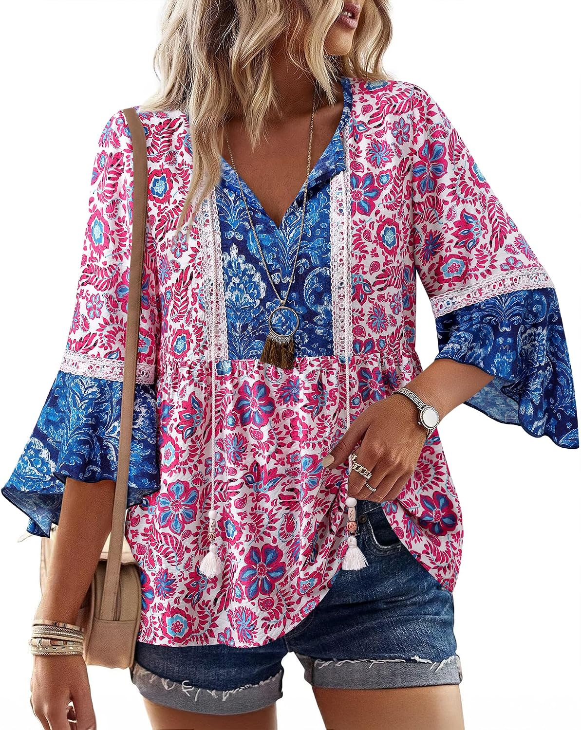 Vacation Outfits Boho Tops Peasant Blouses Green L | 3/4 Sleeve Tops Flowy Tunic Tops Summer Clothes Casual Beach Cruise Resort Wear Green