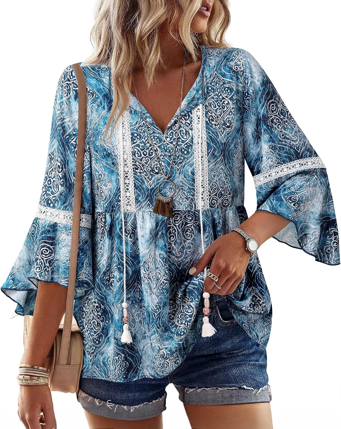 Vacation Outfits Boho Tops Peasant Blouses Green L | 3/4 Sleeve Tops Flowy Tunic Tops Summer Clothes Casual Beach Cruise Resort Wear Green