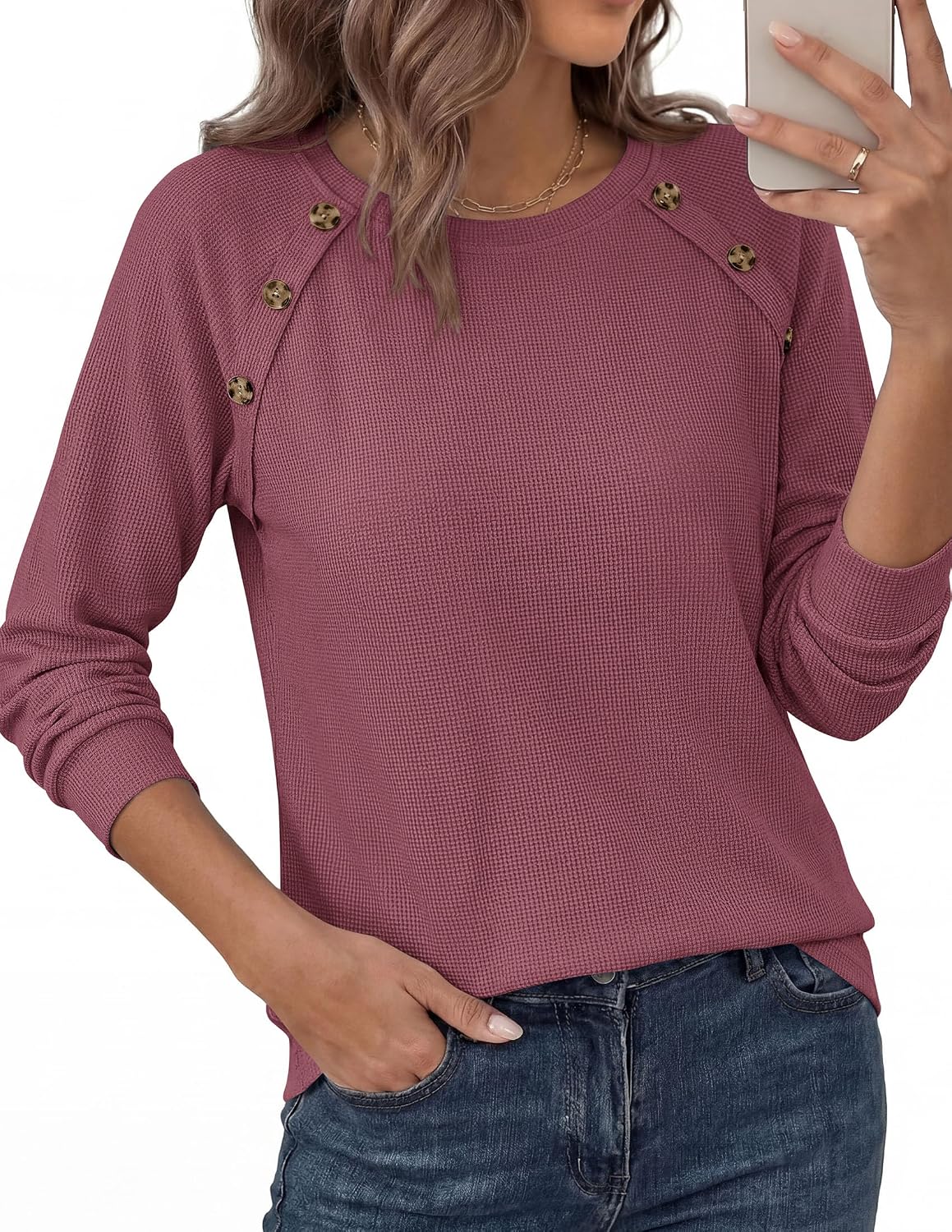 Soft Stretchy Tops. Casual Crew Neck. Raglan Sleeves with Deco Buttons. Loose Fit Tunics.