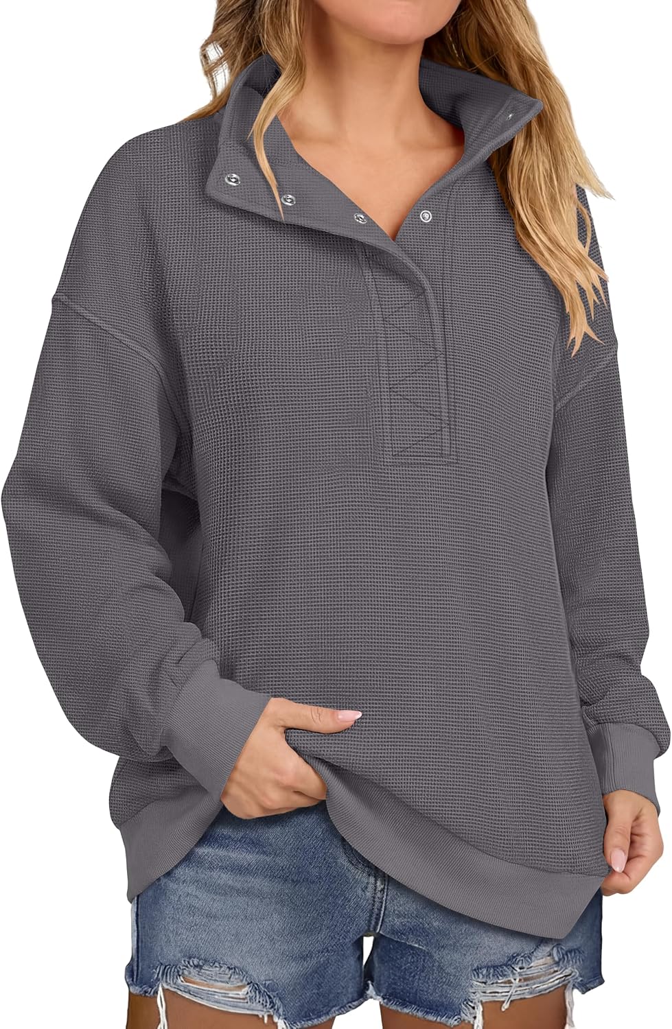 Women Waffle Knit Henley Pullover Tops Beige | Lightweight Comfy Soft Fall Outfits. Long Sleeve Loose Stand Collar Half Button.
