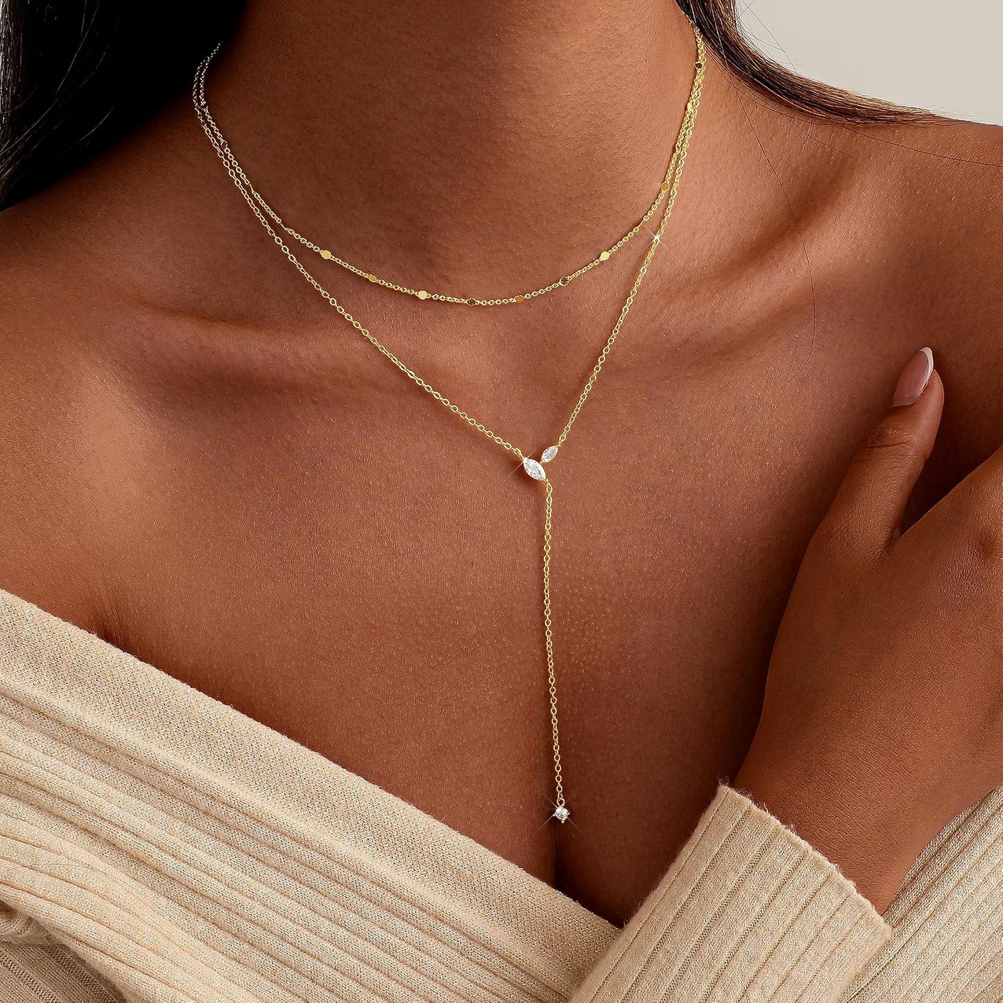 Gold Necklace Stack for Women Trendy - Dainty 14k Gold Plated Layered Lariat Necklace Y-Shaped Necklaces Set Layered Choker Necklaces for Women Jewelry Gifts
