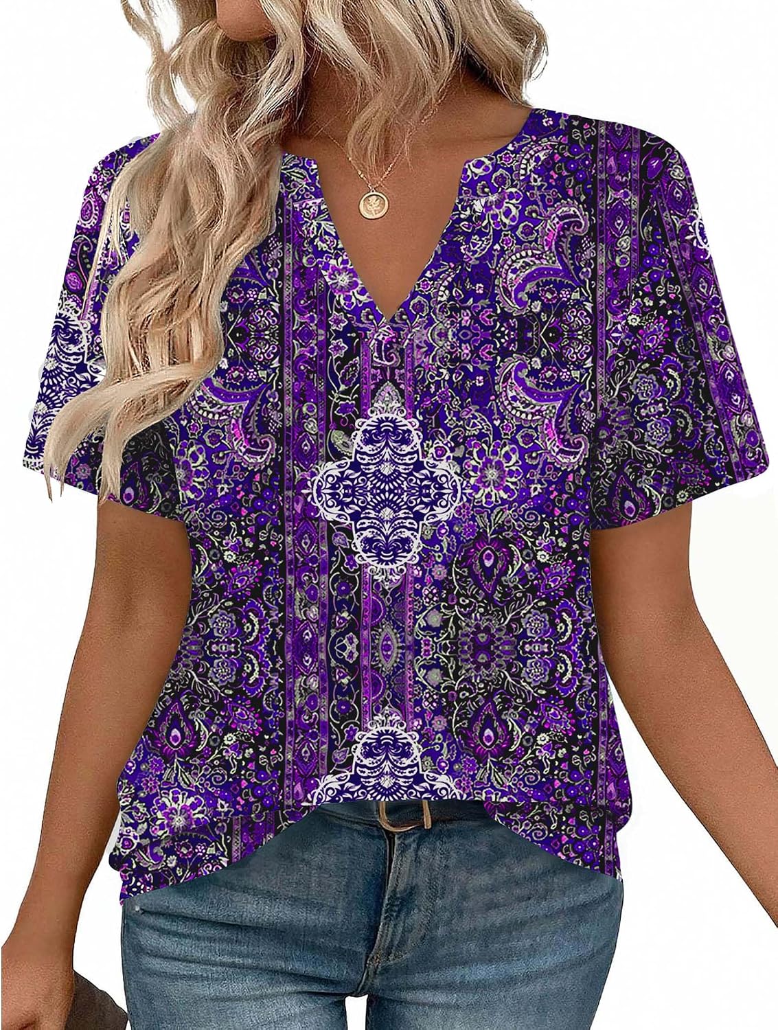 Women V Neck Cute Rolled Short Sleeve Shirts Boho