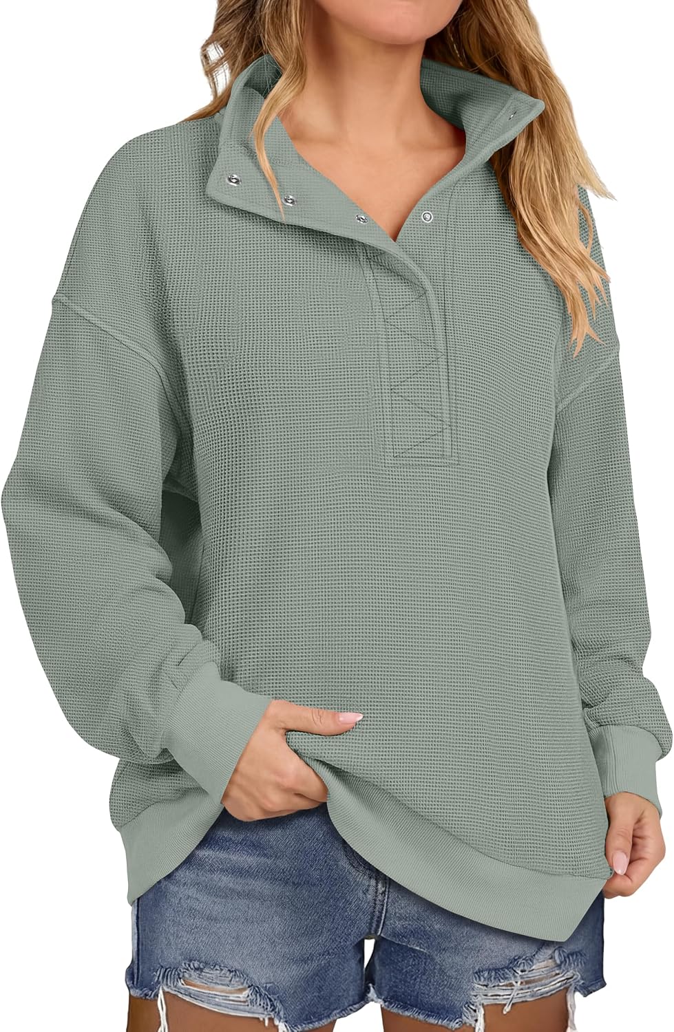 Women Waffle Knit Henley Pullover Tops Beige | Lightweight Comfy Soft Fall Outfits. Long Sleeve Loose Stand Collar Half Button.