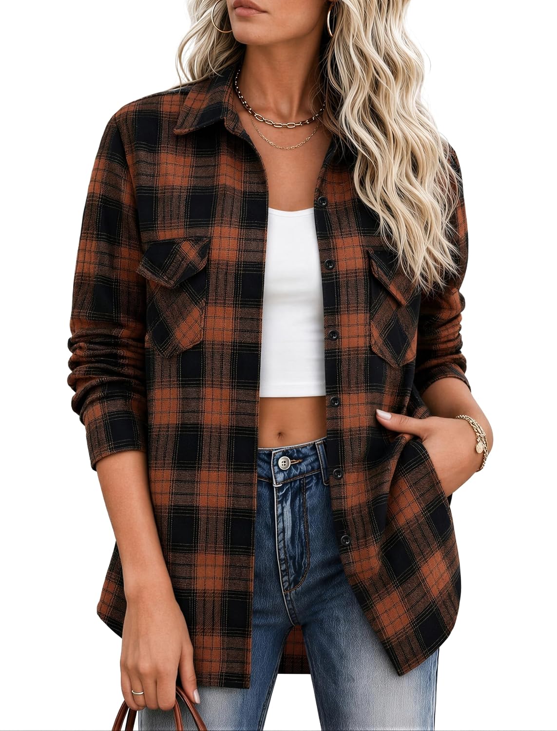 Women's Flannel Shirts Plaid Shacket Cotton Fall Tops with Pockets | Cotton Blend Plaid Material Loose Baggy Shacket Shirt Design 90s Vintage Style Festival Looks