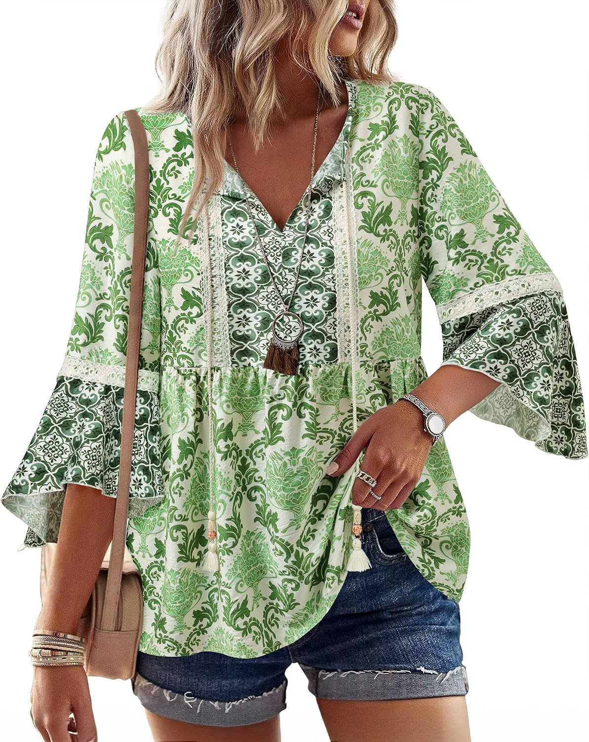 Vacation Outfits Boho Tops Peasant Blouses Green L | 3/4 Sleeve Tops Flowy Tunic Tops Summer Clothes Casual Beach Cruise Resort Wear Green