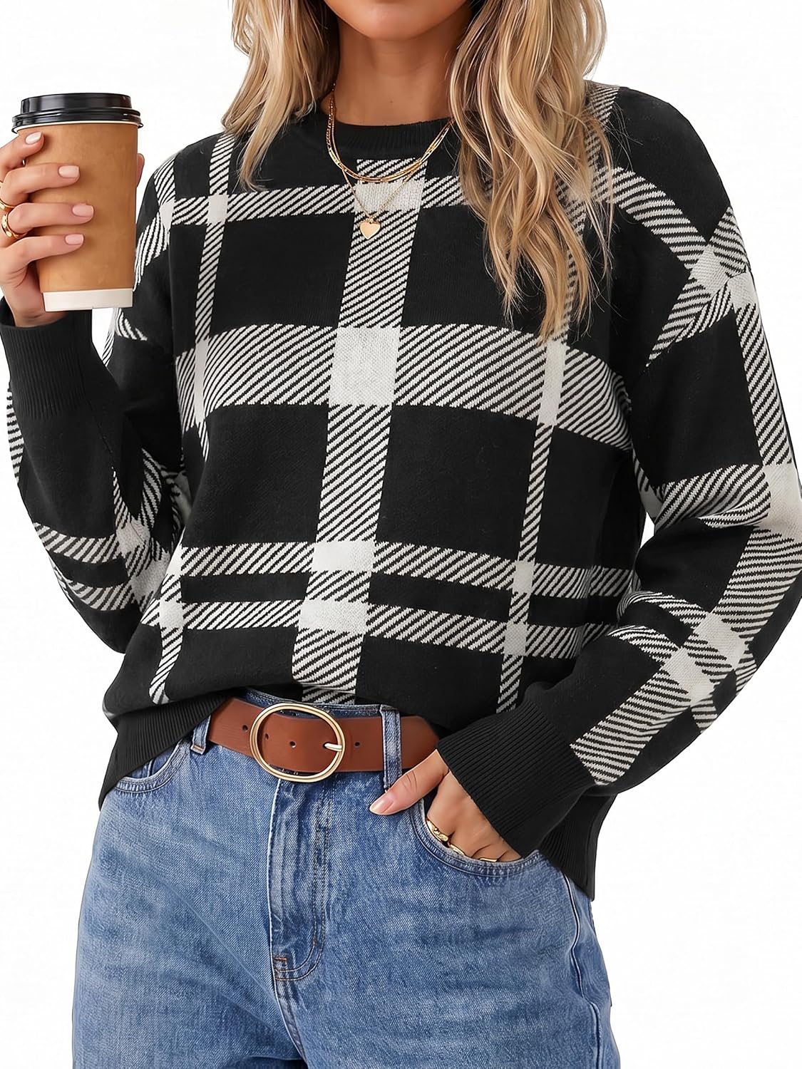 Women's Wool Blend Relaxed Fit Crew Neck Long Sleeve Trendy Sweaters Fall Winter Polka Dot Beige
