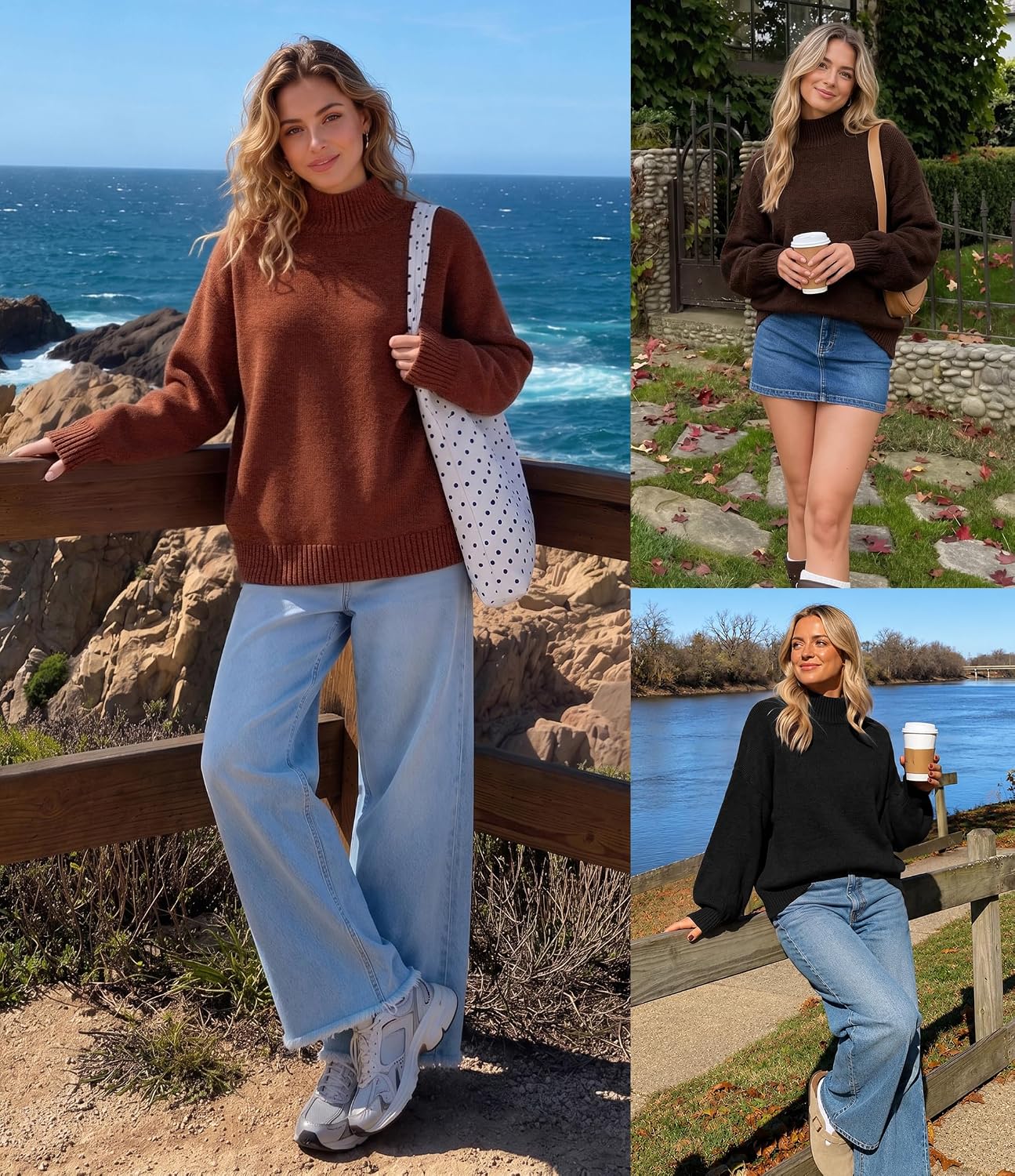 Women's Fall Winter Long Sleeve Turtleneck Oversized Sweaters Coffee | Work Casual Sweater. Lantern Sleeve.