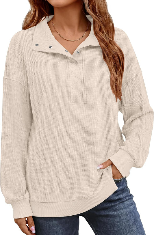 Women Waffle Knit Henley Pullover Tops Beige | Lightweight Comfy Soft Fall Outfits. Long Sleeve Loose Stand Collar Half Button.