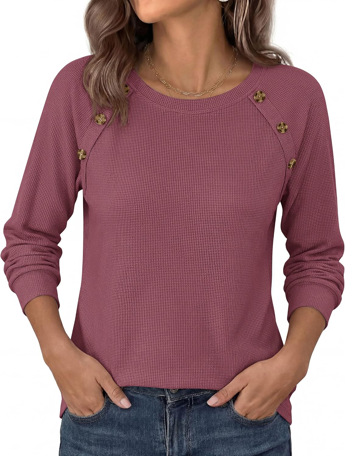 Soft Stretchy Tops. Casual Crew Neck. Raglan Sleeves with Deco Buttons. Loose Fit Tunics.