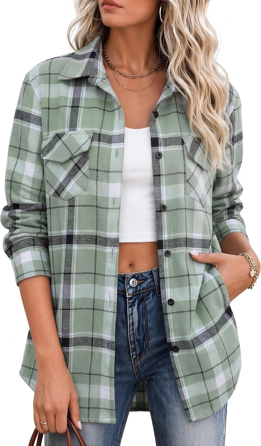Women's Flannel Shirts Plaid Shacket Cotton Fall Tops with Pockets | Cotton Blend Plaid Material Loose Baggy Shacket Shirt Design 90s Vintage Style Festival Looks