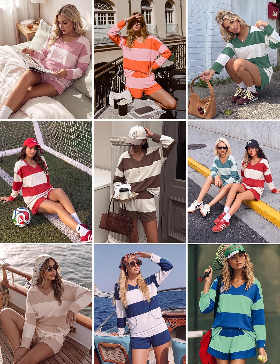 Women Fall Lounge Sets Long Sleeve Shorts Set | Oversized Matching Outfit. 2026 Fall Striped Shirts and Shorts Set.